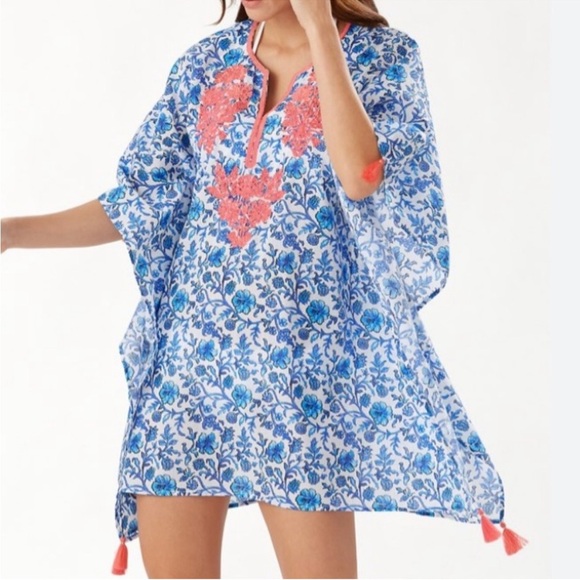 Tommy Bahama Woodblock Embroidered Tunic Caftan Coverup  in Mare Navy - Picture 1 of 9